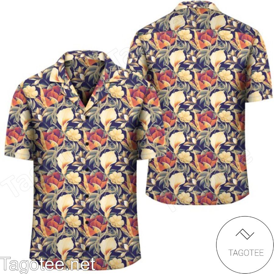 Seamless Tropical Flower Plant And Leaf Pattern Background Hawaiian Shirt