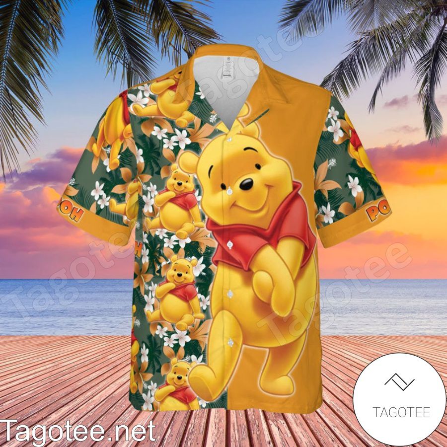 Shy Winnie The Pooh Disney Cartoon Graphics Floral Pattern Orange Hawaiian Shirt And Short