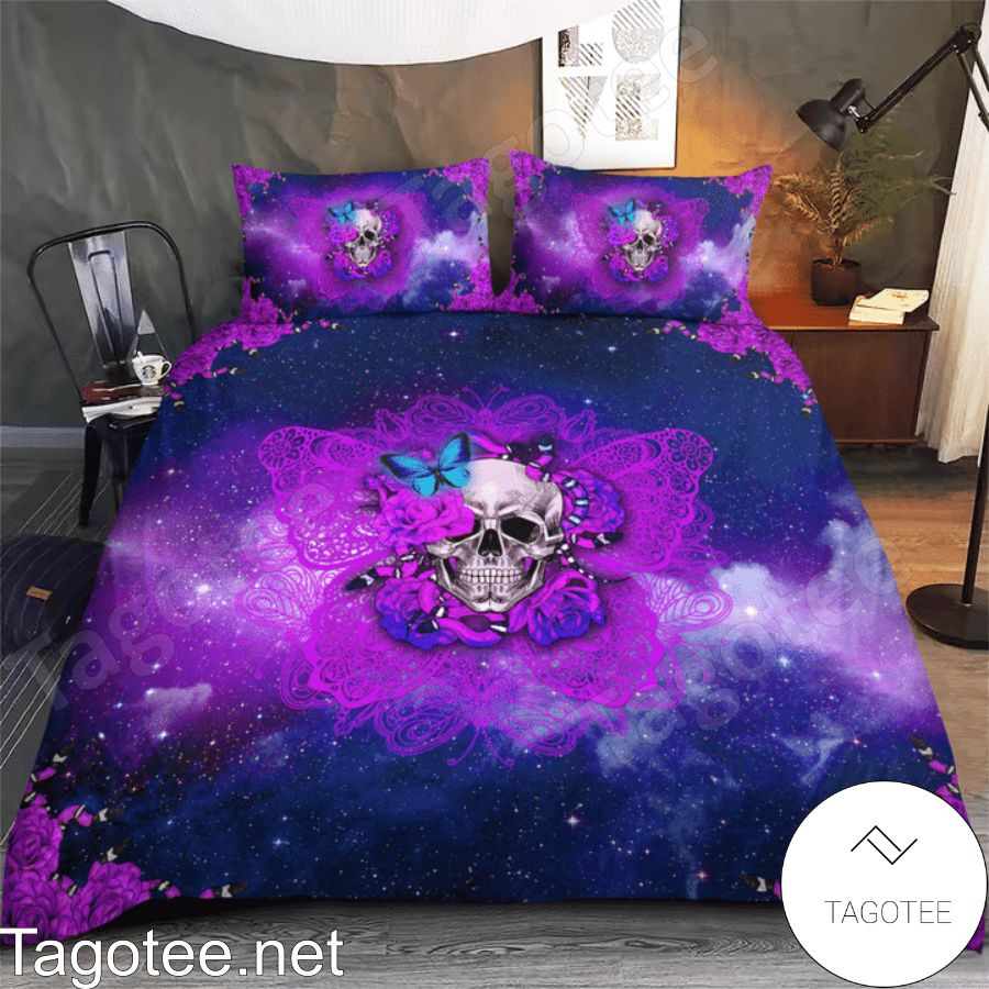 Skull Butterfly Purple Galaxy Halloween Bedding Set a