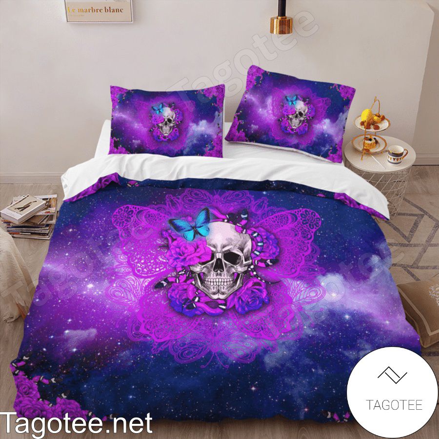 Skull Butterfly Purple Galaxy Halloween Bedding Set b