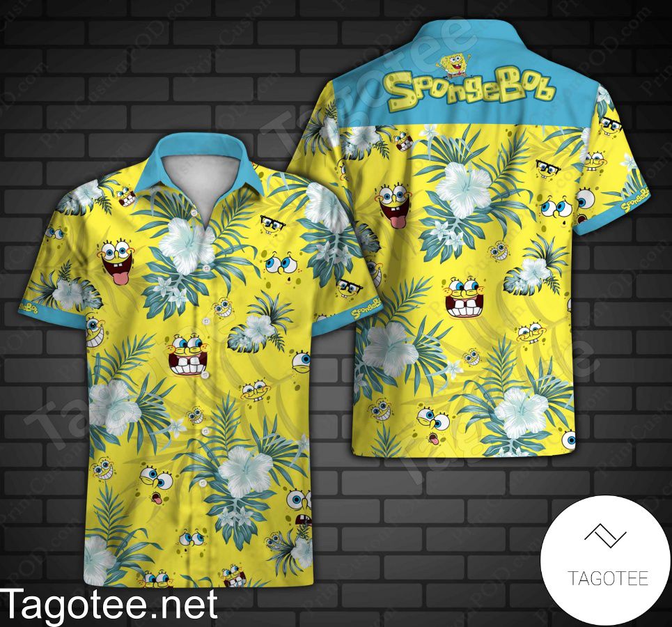Spongebob Blue Tropical Floral Yellow Hawaiian Shirt