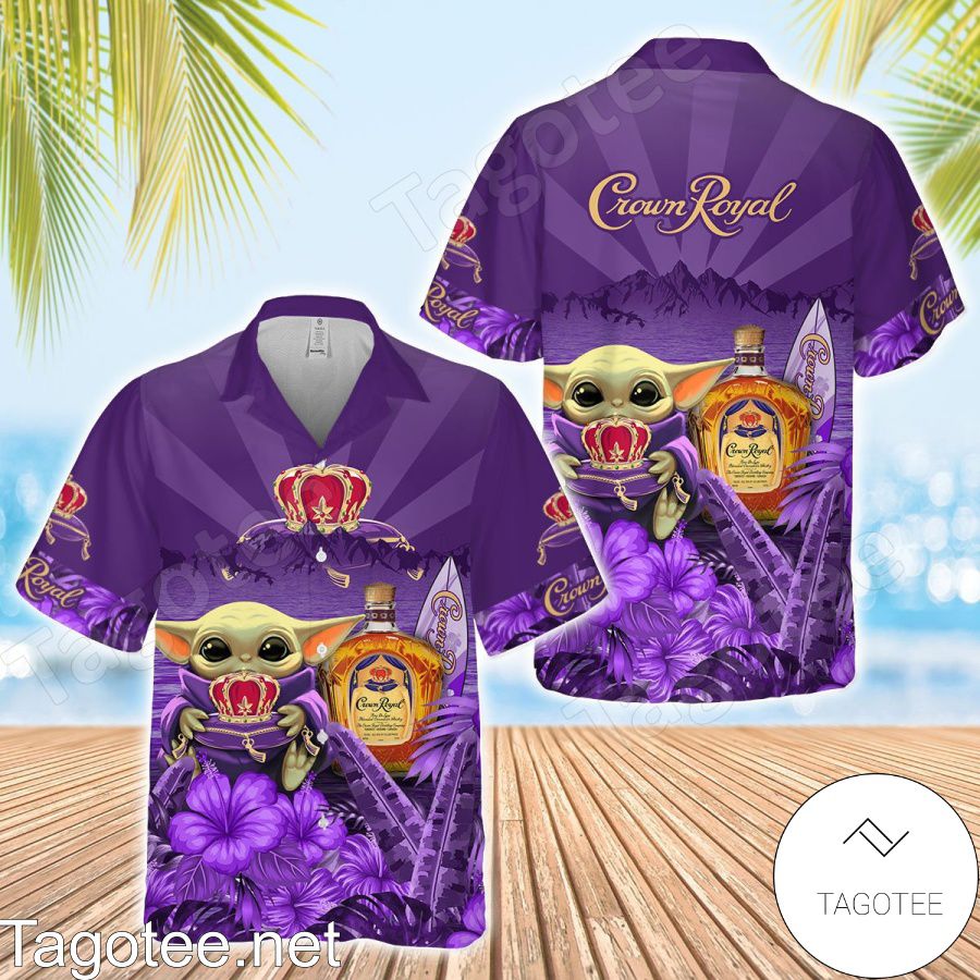 Star Wars Baby Yoda Holding Crown Royal Flowery Purple Hawaiian Shirt And Short