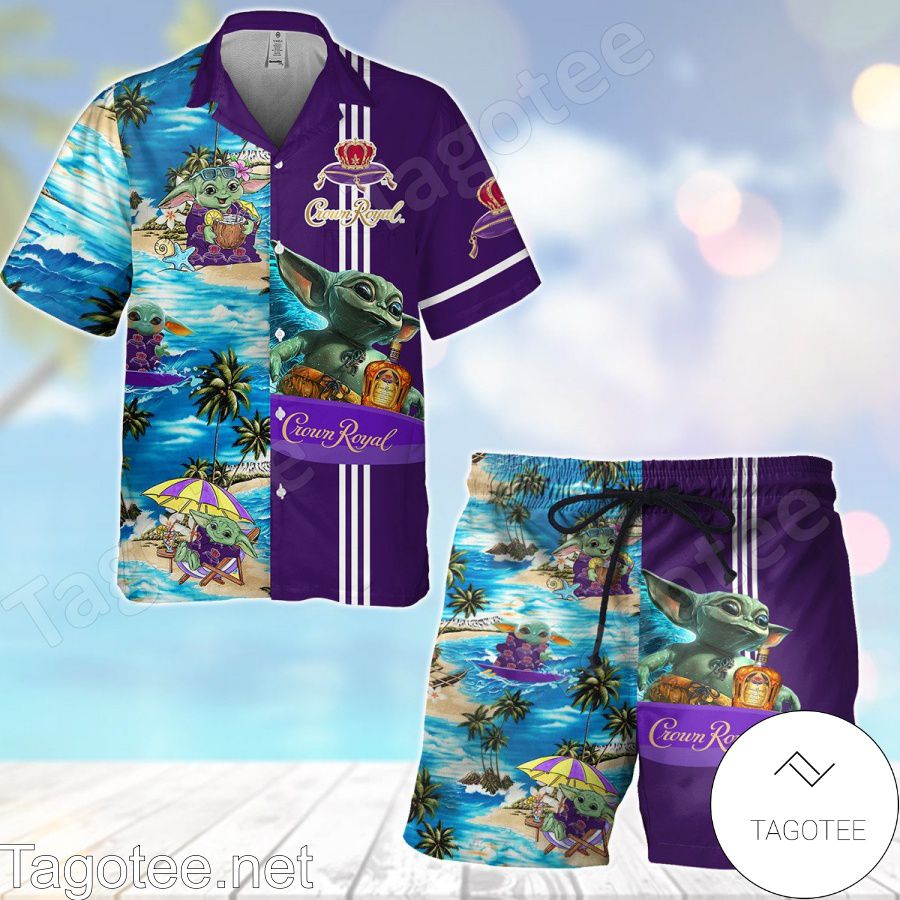 Star Wars Baby Yoda Surfing Crown Royal Blue Purple Hawaiian Shirt And Short