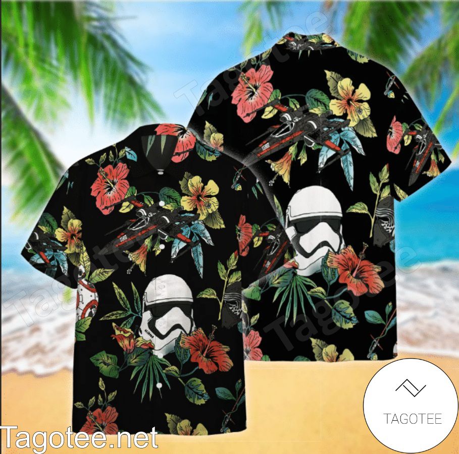 Star Wars Stormtrooper & Spaceship Hibicus Black Hawaiian Shirt And Short