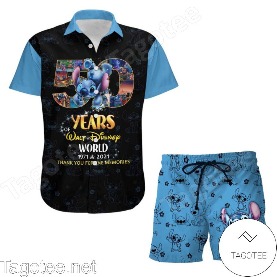 Stich 50th Anniversary Glitter Disney Castle Black Blue Hawaiian Shirt And Short