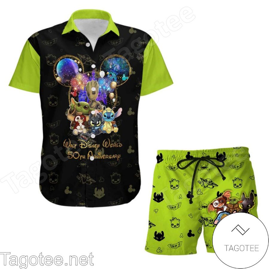 Stich Toothless & Friends 50th Anniversary Glitter Disney Castle Black Green Hawaiian Shirt And Short