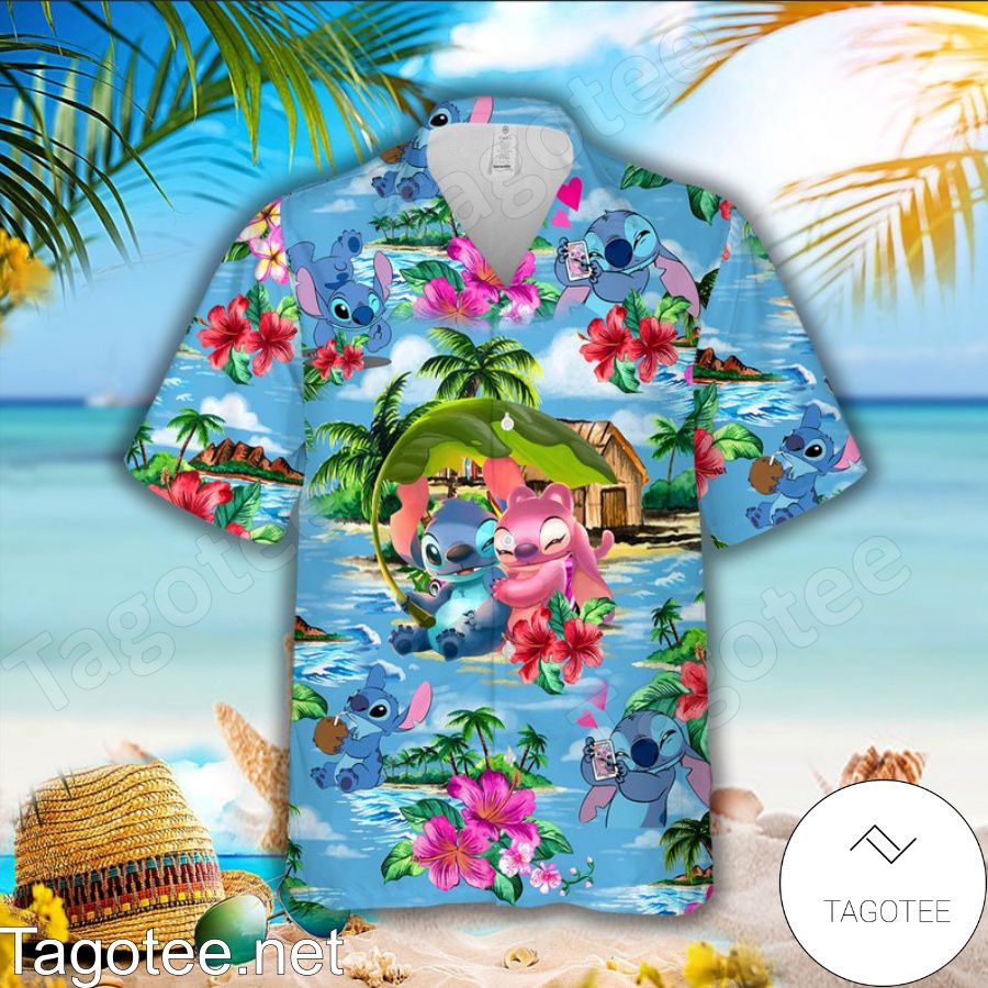 Stitch And Angel Happily In Love Blue Hawaiian Shirt And Short