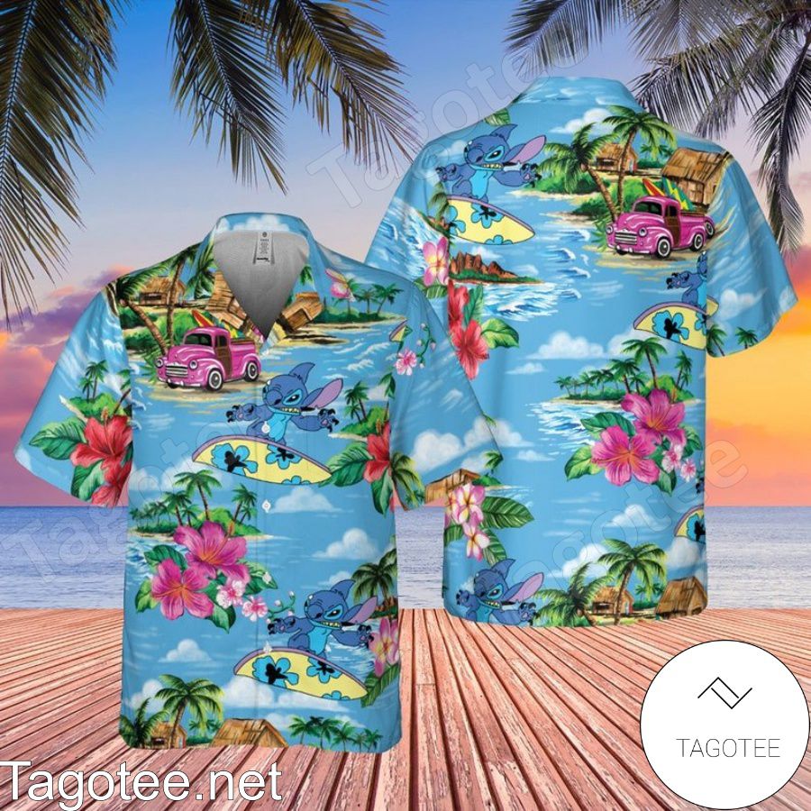 Stitch Surfing Pink Car And Hibicus Blue Hawaiian Shirt And Short
