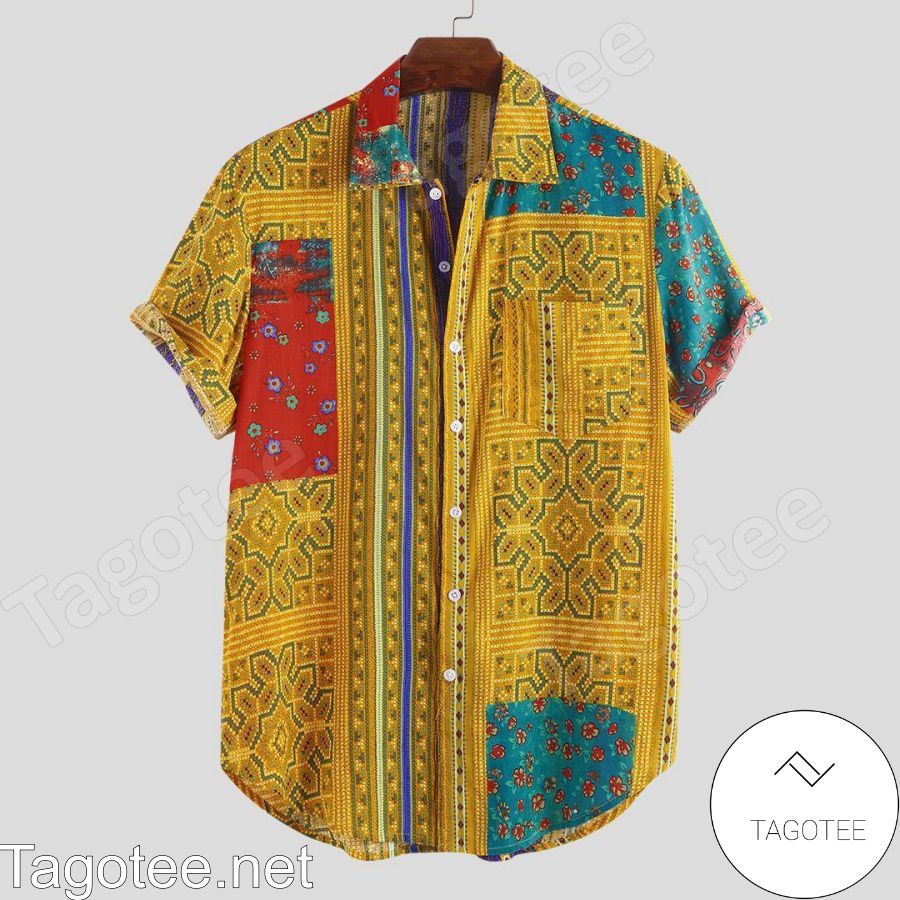 Summer Ethnic Floral Printed Yellow Hawaiian Shirt