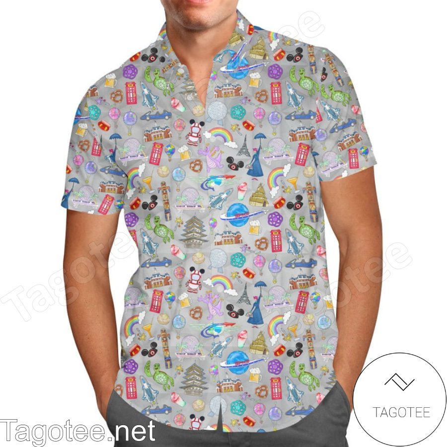 The EPCOT Experience Disney World Cartoon Graphics Gray Hawaiian Shirt And Short