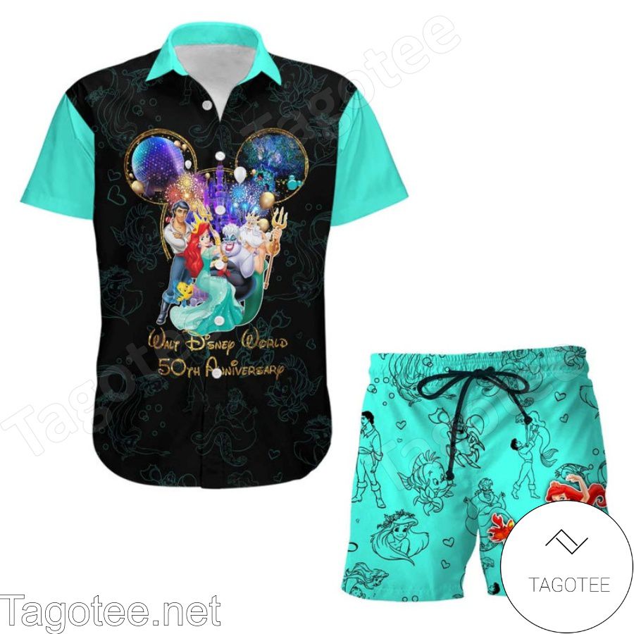 The Little Mermaid 50th Anniversary Glitter Disney Castle Black Turquoise Hawaiian Shirt And Short