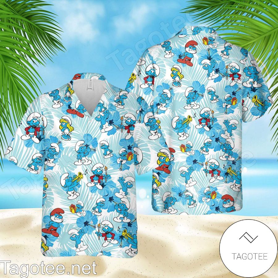 The Smurfs Hibicus Palm Leaves Blue Hawaiian Shirt And Short