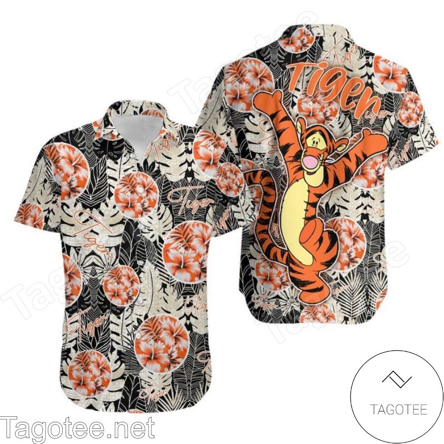 Tigger Winnie The Pooh Hibicus Leaf Pattern Disney Black Hawaiian Shirt And Short
