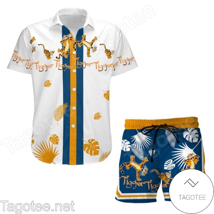 Tigger Winnie The Pooh Tropical Leaf White Blue Hawaiian Shirt And Short