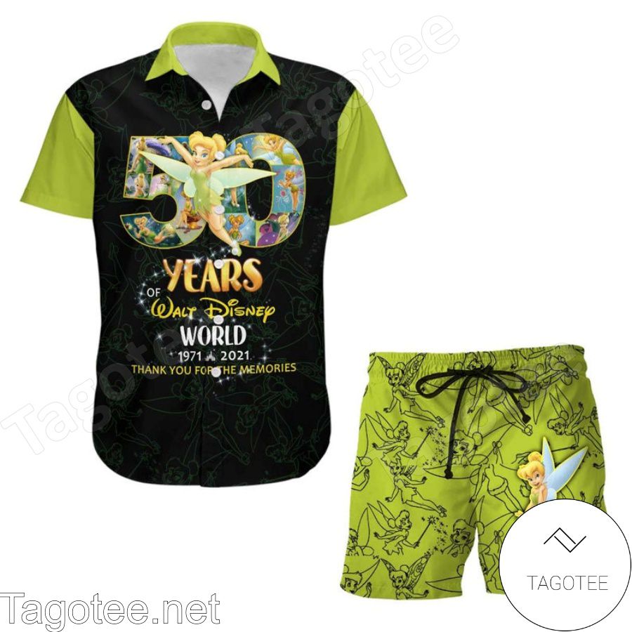 Tinker Bell 50th Anniversary Glitter Disney Castle Black Green Hawaiian Shirt And Short