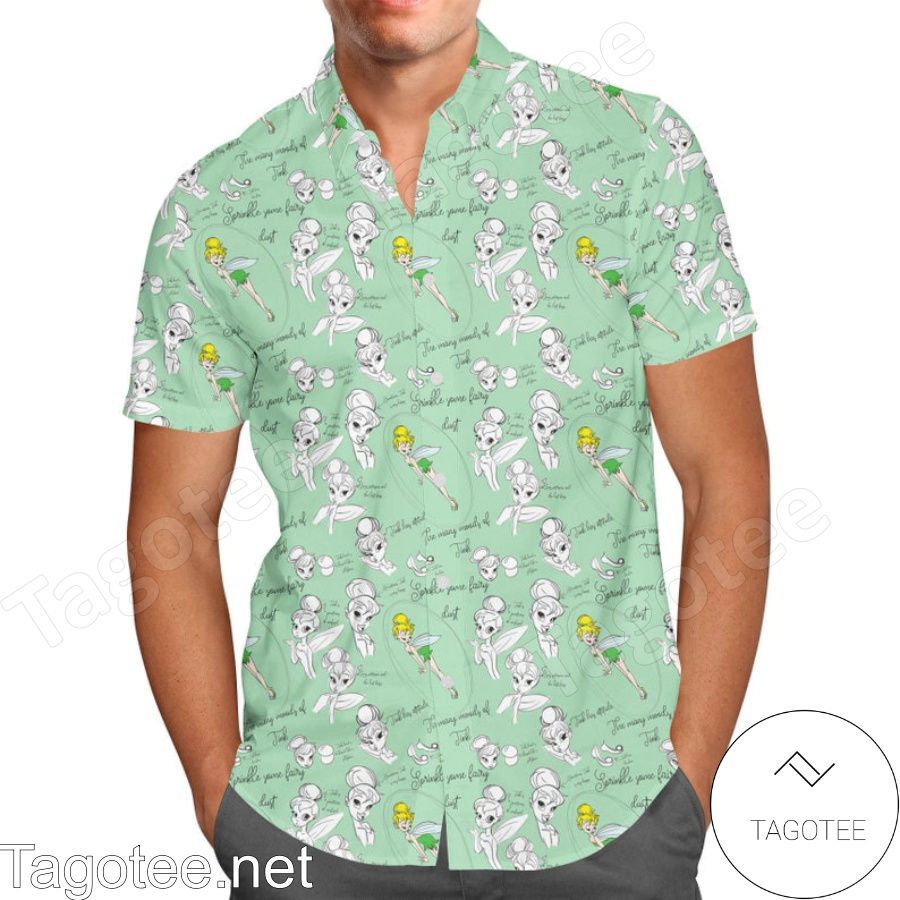 Tinkerbell Sketches Disney Cartoon Graphics Inspired Green Hawaiian Shirt And Short