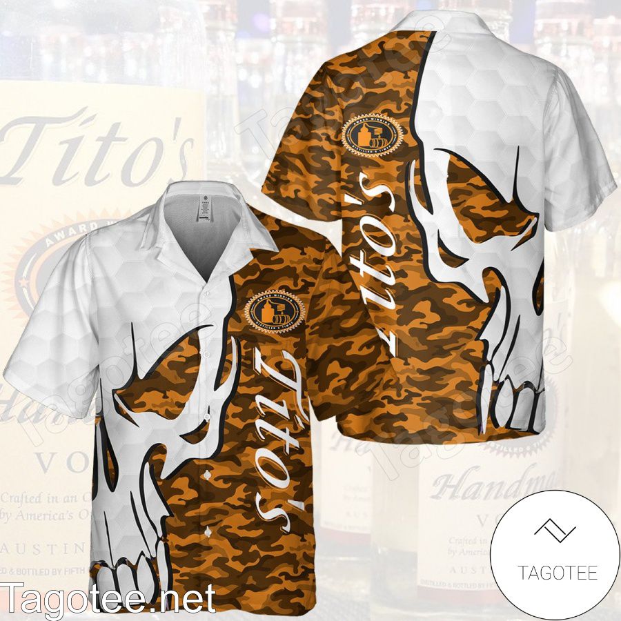Tito's Handmade Vodka Skull Pattern Camo White Orange Hawaiian Shirt And Short