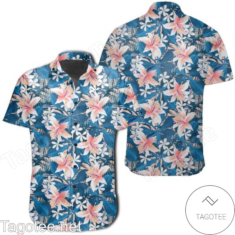 Tropical Blue Leave Lily Flowers Hawaiian Shirt
