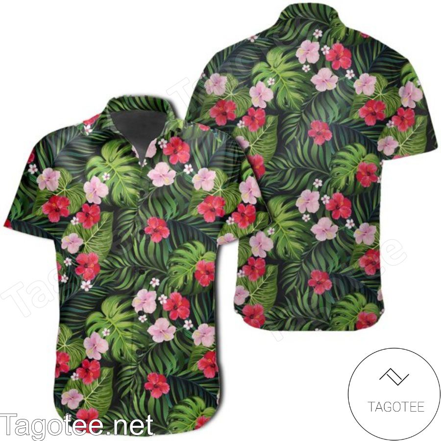 Tropical Hibiscus Green Palm Leaf Hawaiian Shirt