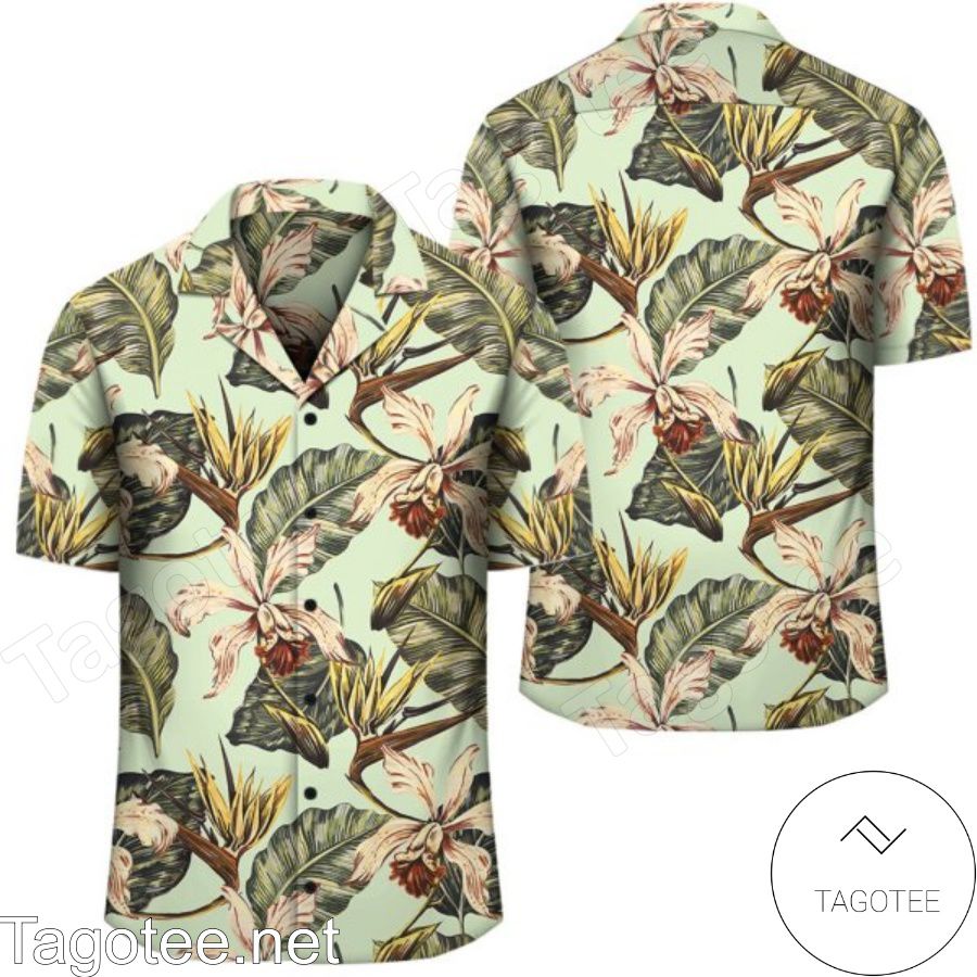 Tropical Jungle Leaves Orchid Strelitzia Hawaiian Shirt