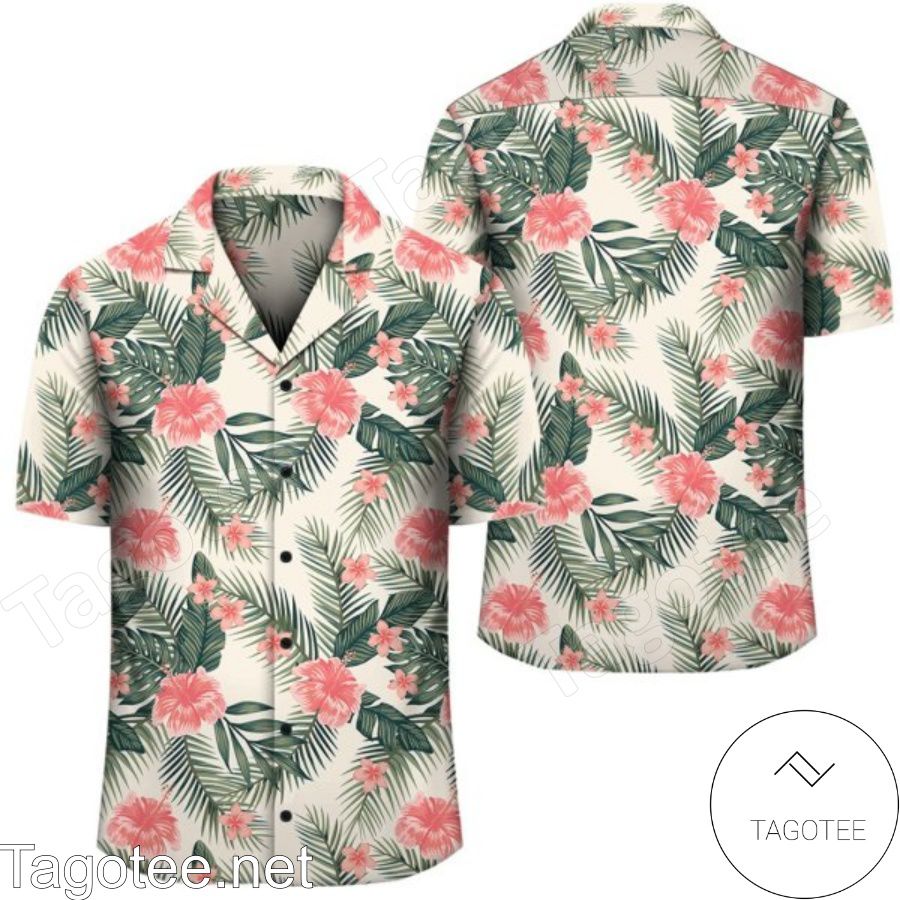 Tropical Pink Hibiscus Palm Leaf Hawaiian Shirt