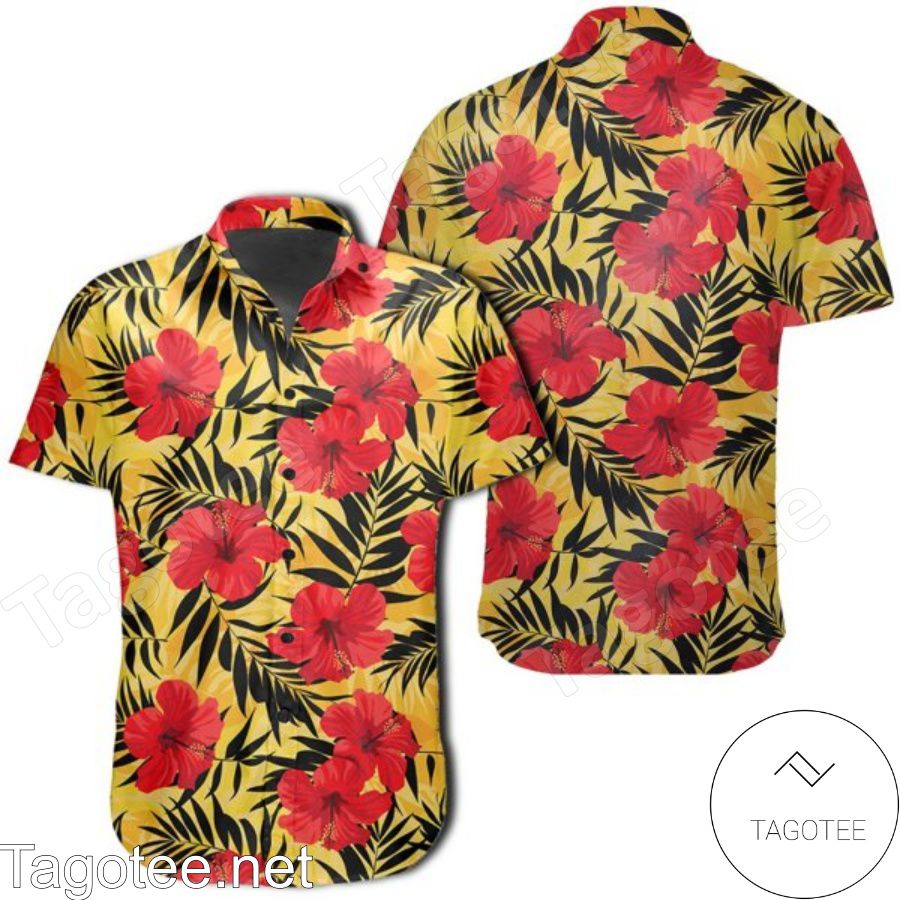 Tropical Red Hibiscus Flowers And Palm Leaves Yellow Hawaiian Shirt
