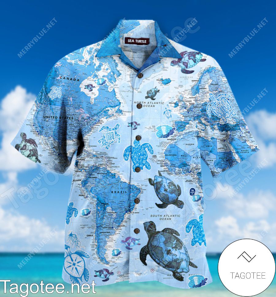 Turtle Blue World Map Hawaiian Shirt
