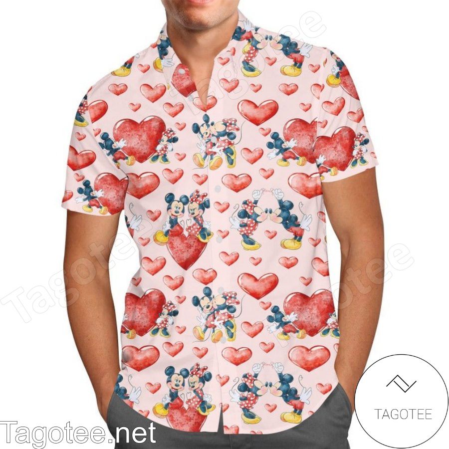 Valentine Mickey & Minnie Mouse Disney Cartoon Graphics Hawaiian Shirt And Short