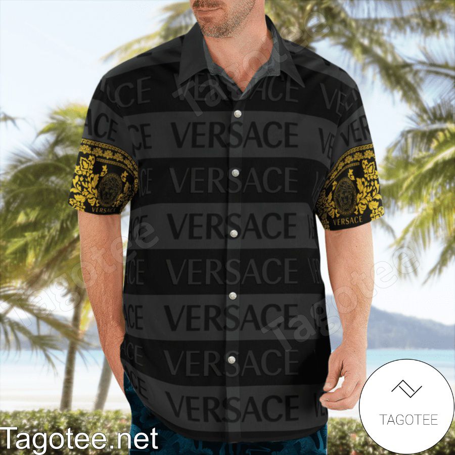 3D Versace Black And Grey Horizontal Stripes Hawaiian Shirt And Beach Shorts