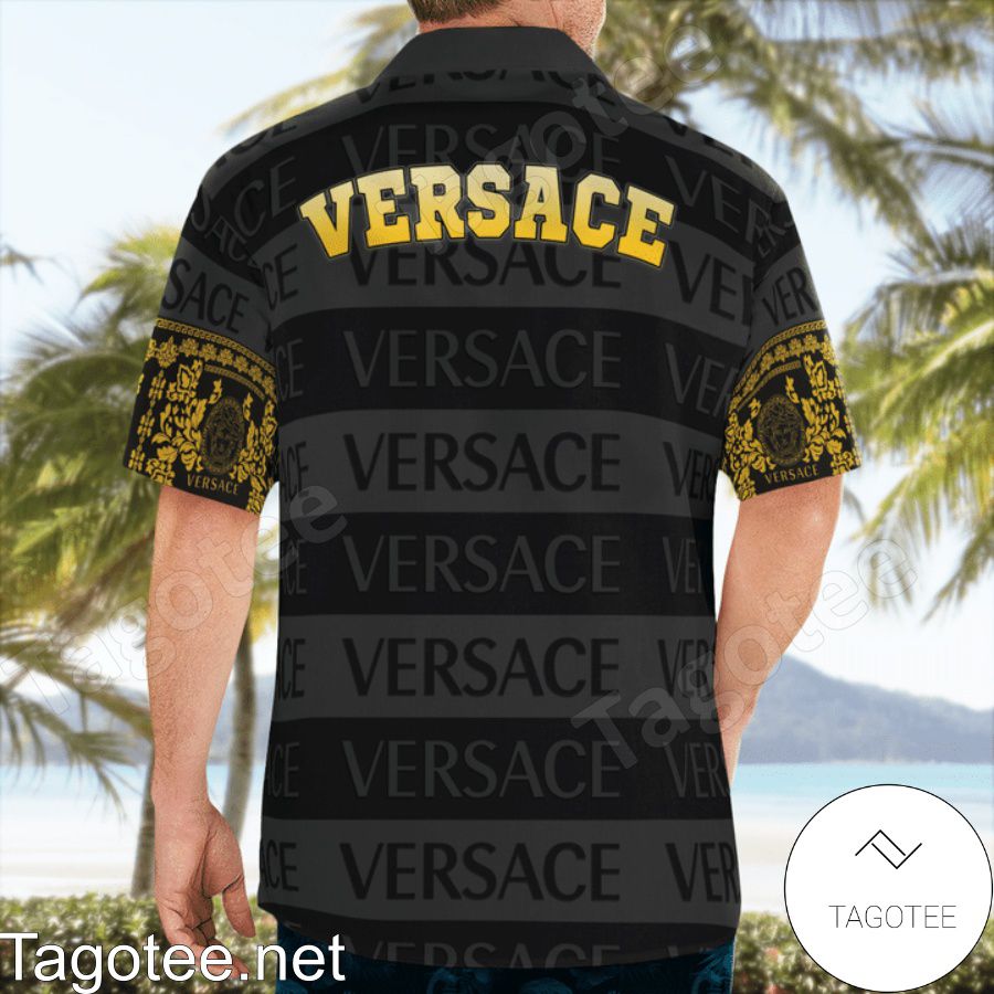 Real Versace Black And Grey Horizontal Stripes Hawaiian Shirt And Beach Shorts