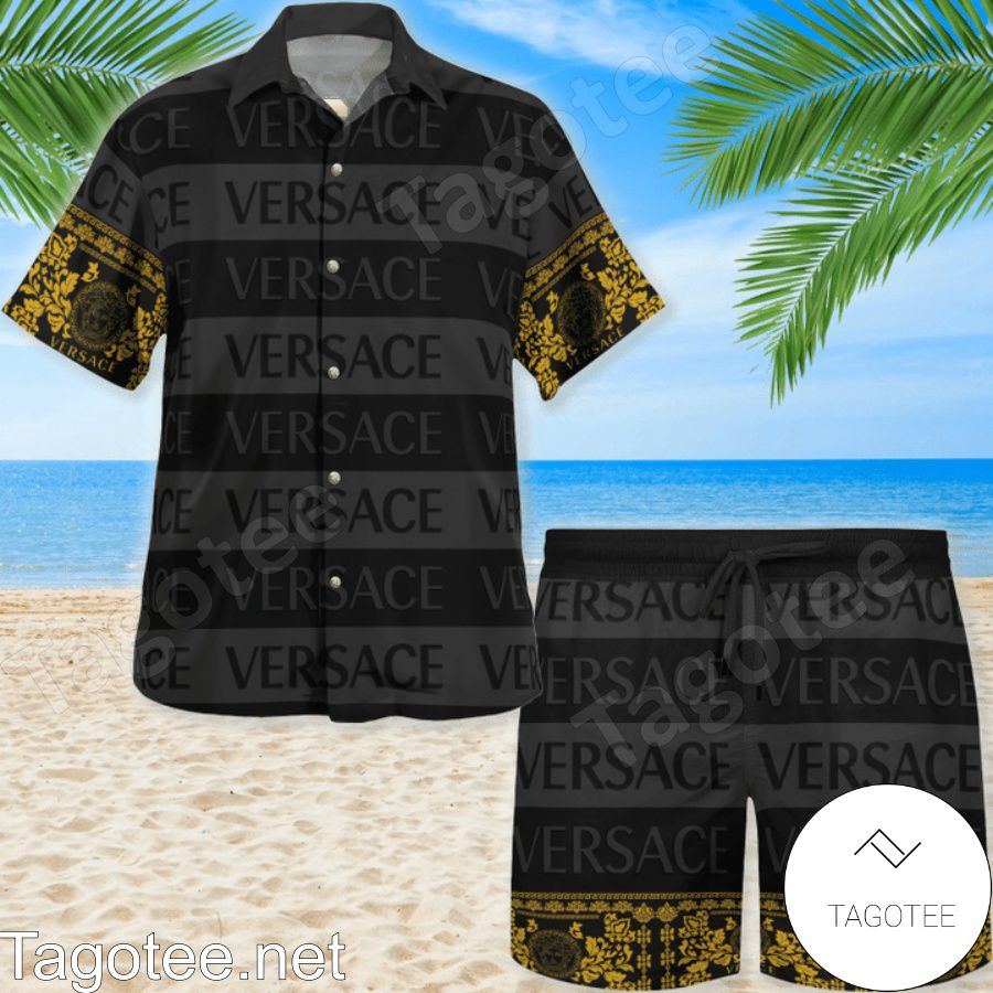Order Versace Black And Grey Horizontal Stripes Hawaiian Shirt And Beach Shorts