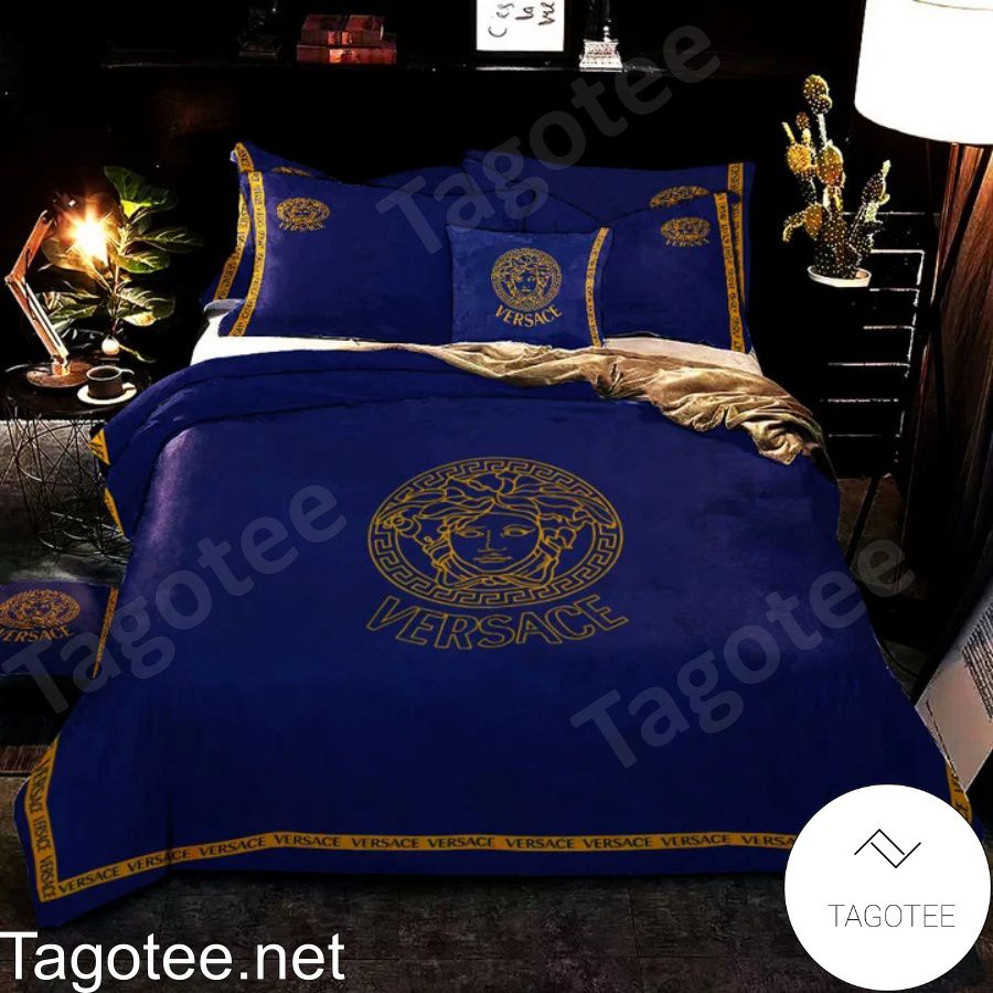 Versace Gold Medusa Logo Center Blue Bedding Set