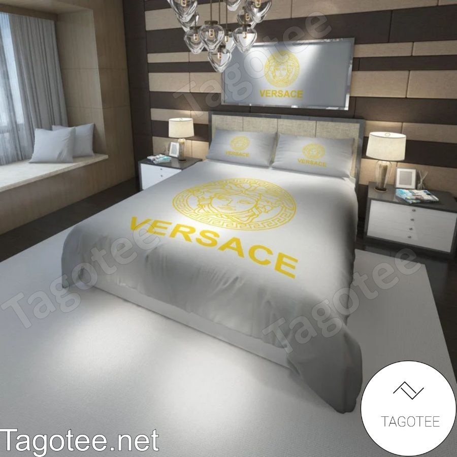 Versace Gold Medusa Logo Center Grey Bedding Set
