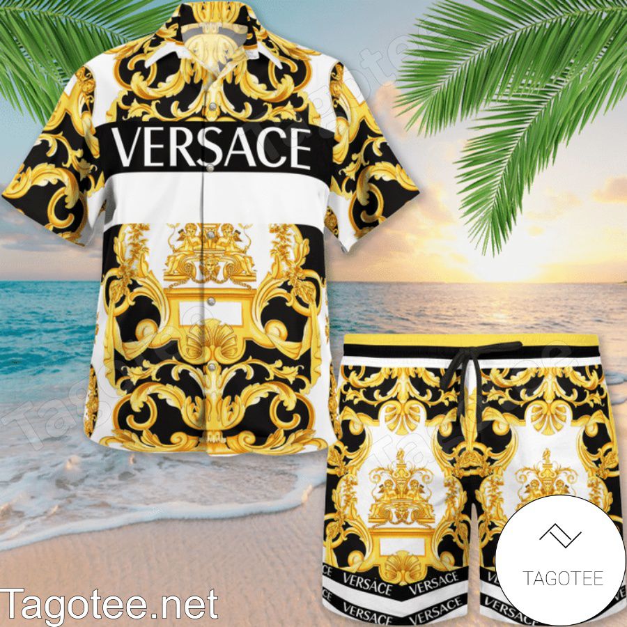 Around Me Versace Gold Multi Baroque Print Hawaiian Shirt And Beach Shorts