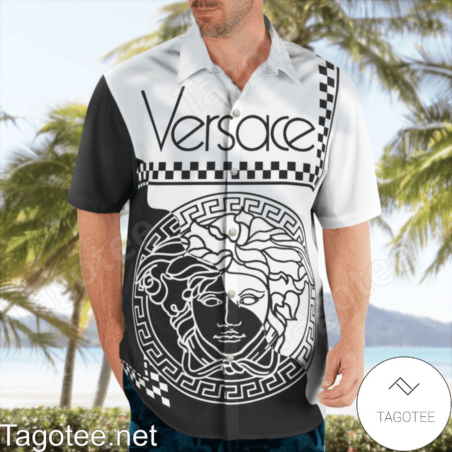 Best Versace Medusa Checkerboard Border Hawaiian Shirt And Beach Shorts