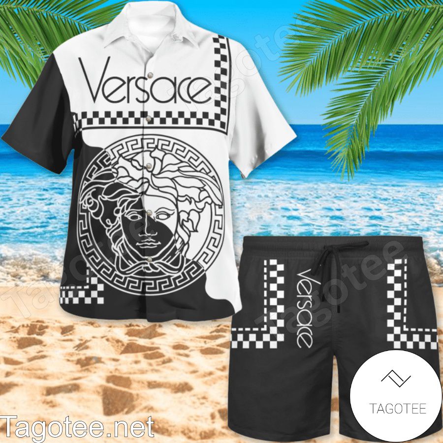 Absolutely Love Versace Medusa Checkerboard Border Hawaiian Shirt And Beach Shorts