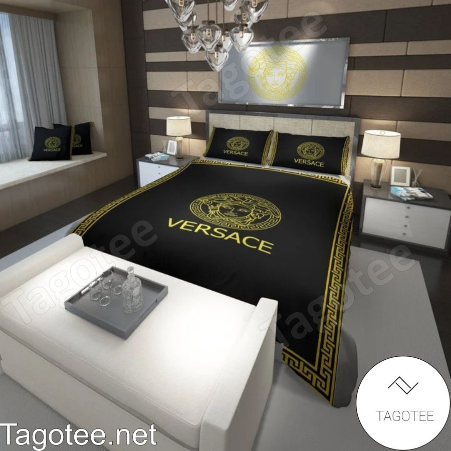 Versace Medusa Logo Gold Greek Key Border Black Bedding Set