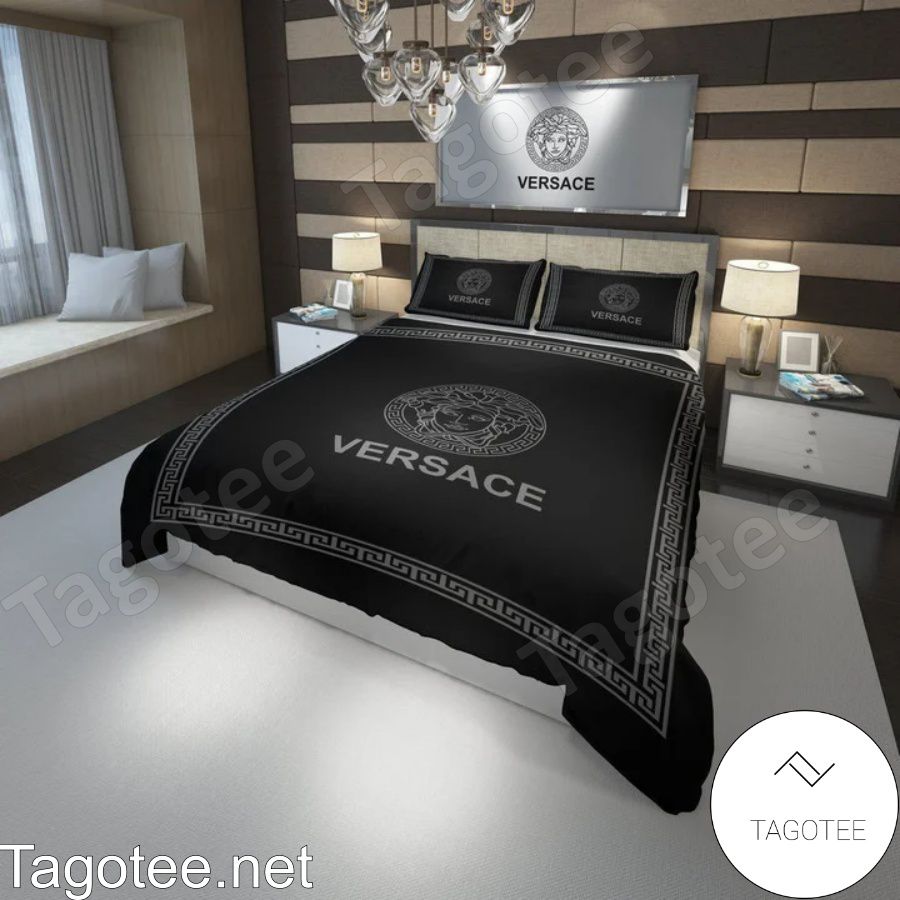 Versace Medusa Logo Grey Greek Key Border Black Bedding Set