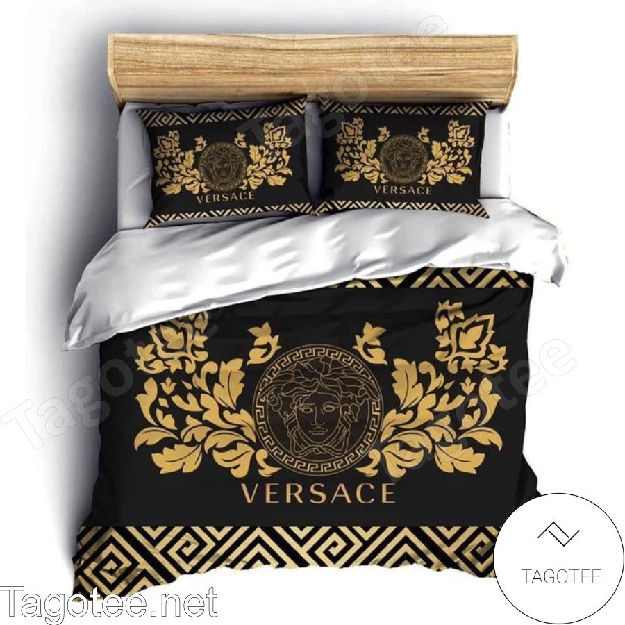 Versace Medusa Logo With Greek Key Stripes Bedding Set