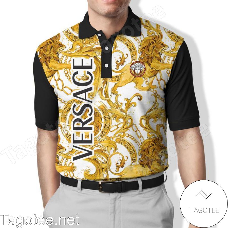 Versace Pattern Lion Mix Gold Black And White Polo Shirt - Tagotee