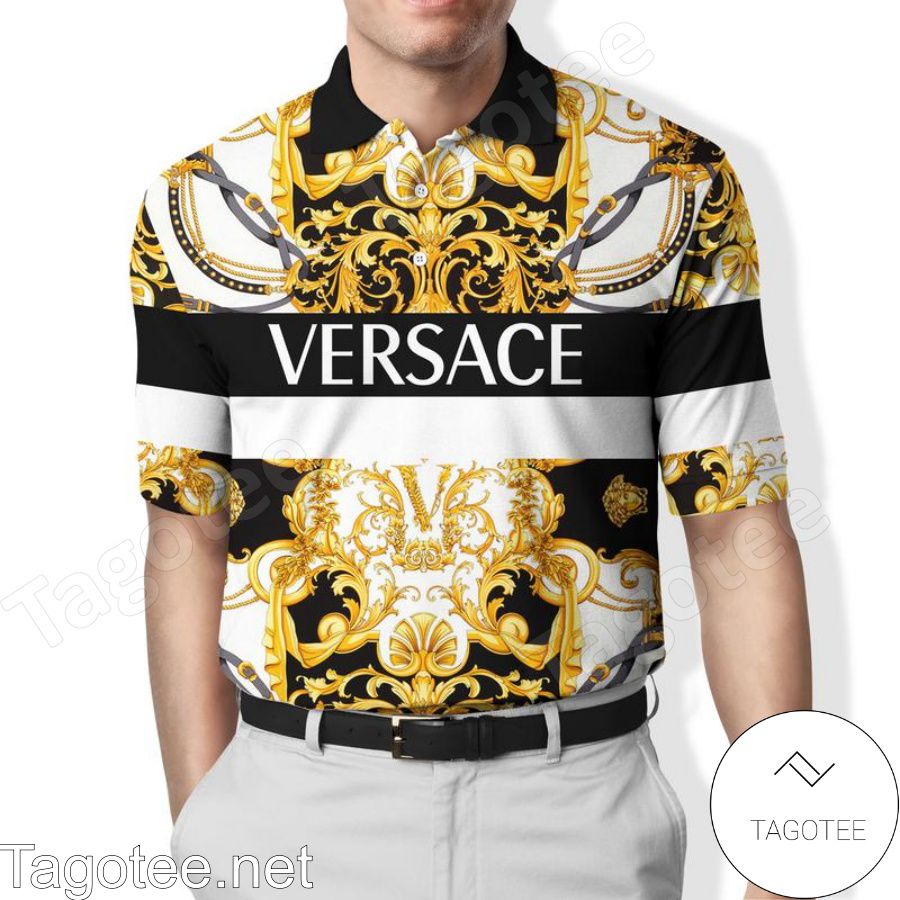 Versace Pattern Mix Gold Black And White Polo Shirt - Tagotee