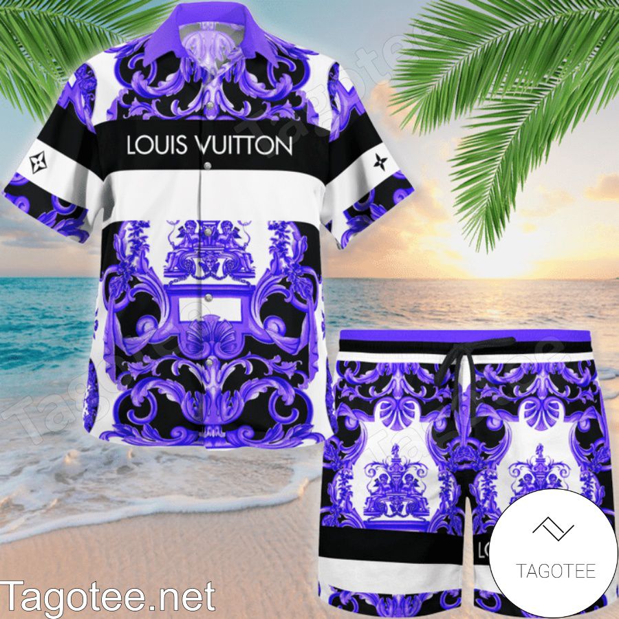 Adorable Versace Purple Multi Baroque Print Hawaiian Shirt And Beach Shorts