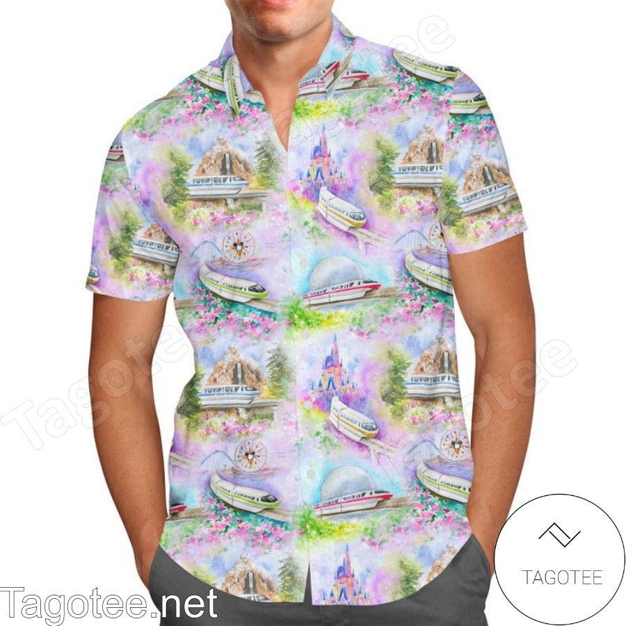 Watercolor Disney Monorail Disney Parks Hawaiian Shirt And Short