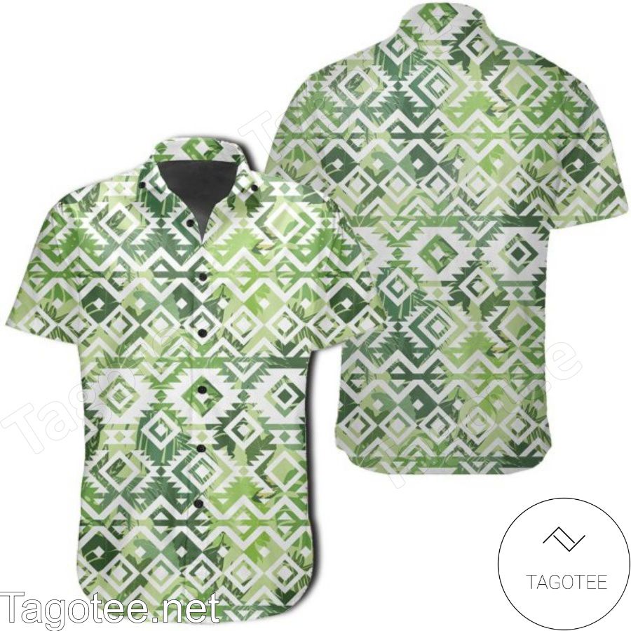 White Seamless Ethnic Pattern Monstera Leaf Hawaiian Shirt