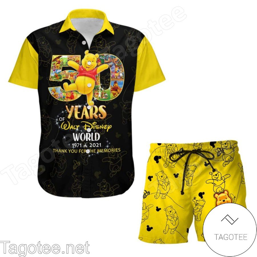Winnie Pooh 50th Anniversary Glitter Disney Castle Black Yellow Hawaiian Shirt And Short