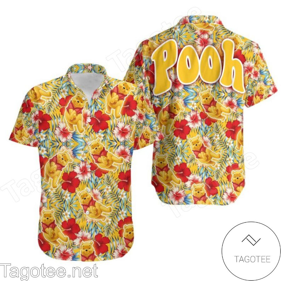 Winnie The Pooh Disney Red Hibicus Yellow Hawaiian Shirt And Short