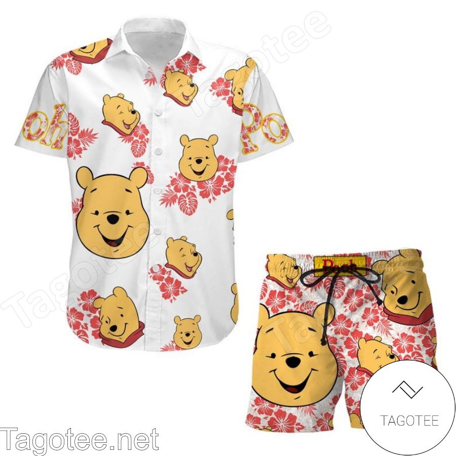 Winnie The Pooh Head Hibicus Disney Cartoon Graphics White Hawaiian Shirt And Short