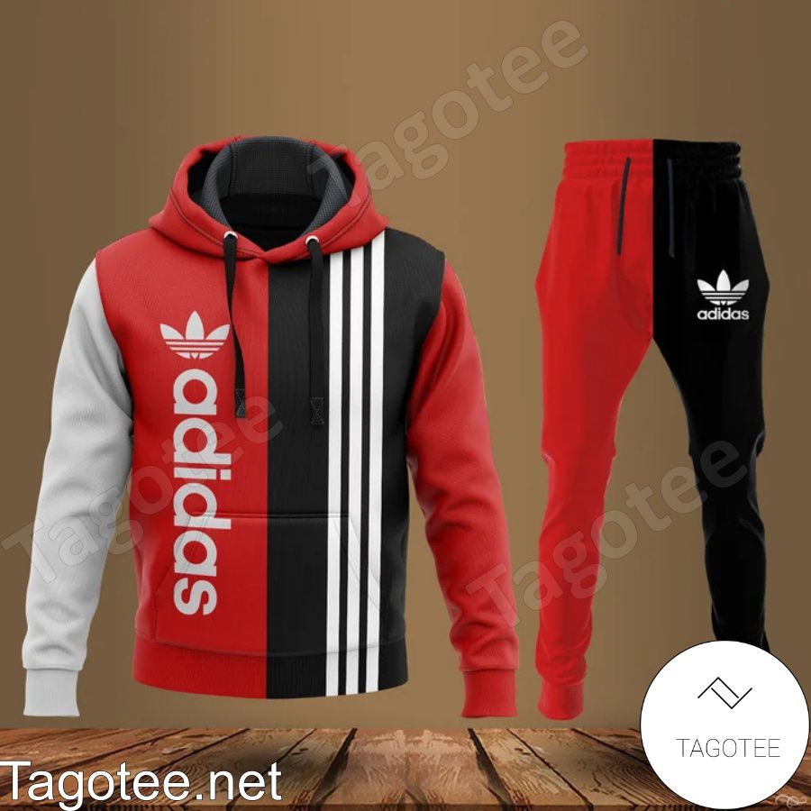 Adidas Black And Red With White Vertical Stripes Hoodie And Pants