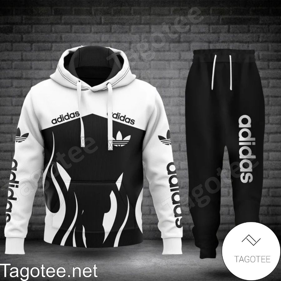 Adidas Fire Pattern Black And White Hoodie And Pants