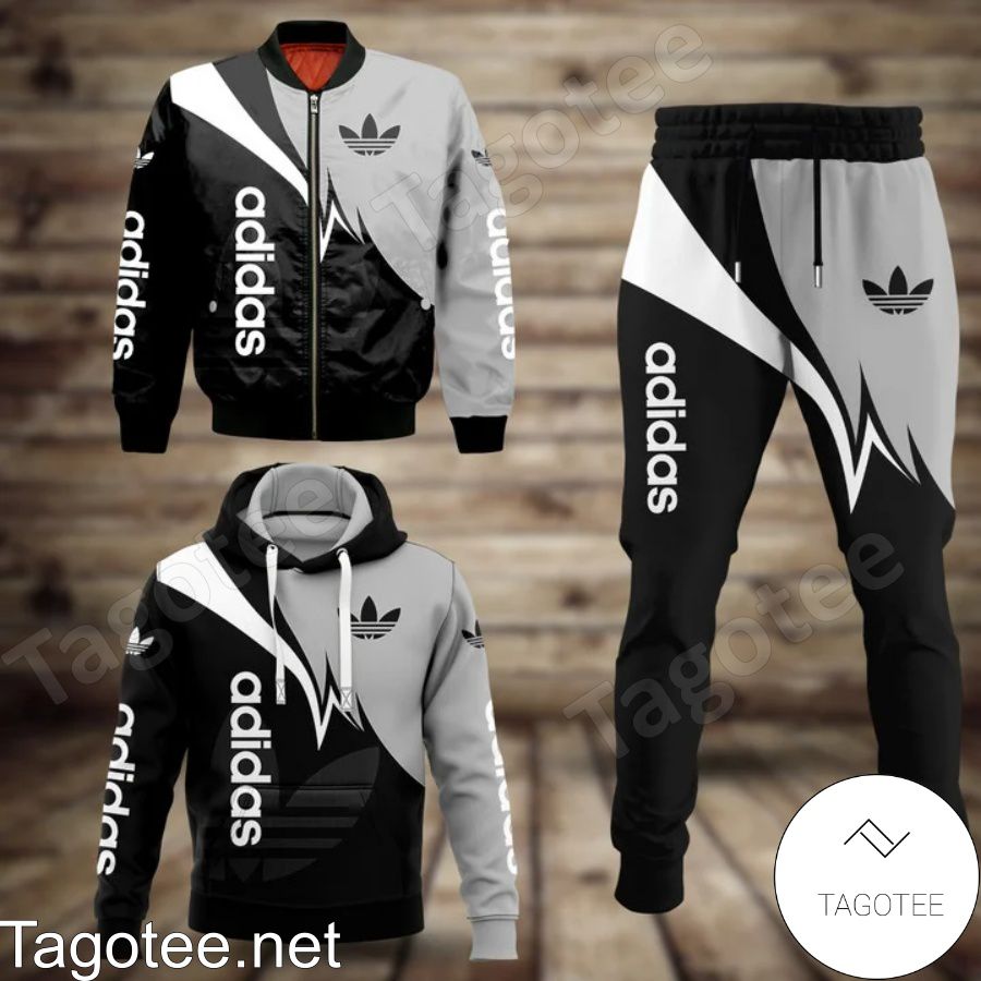 Adidas Logo Mix Color Black Grey And White Hoodie And Pants a